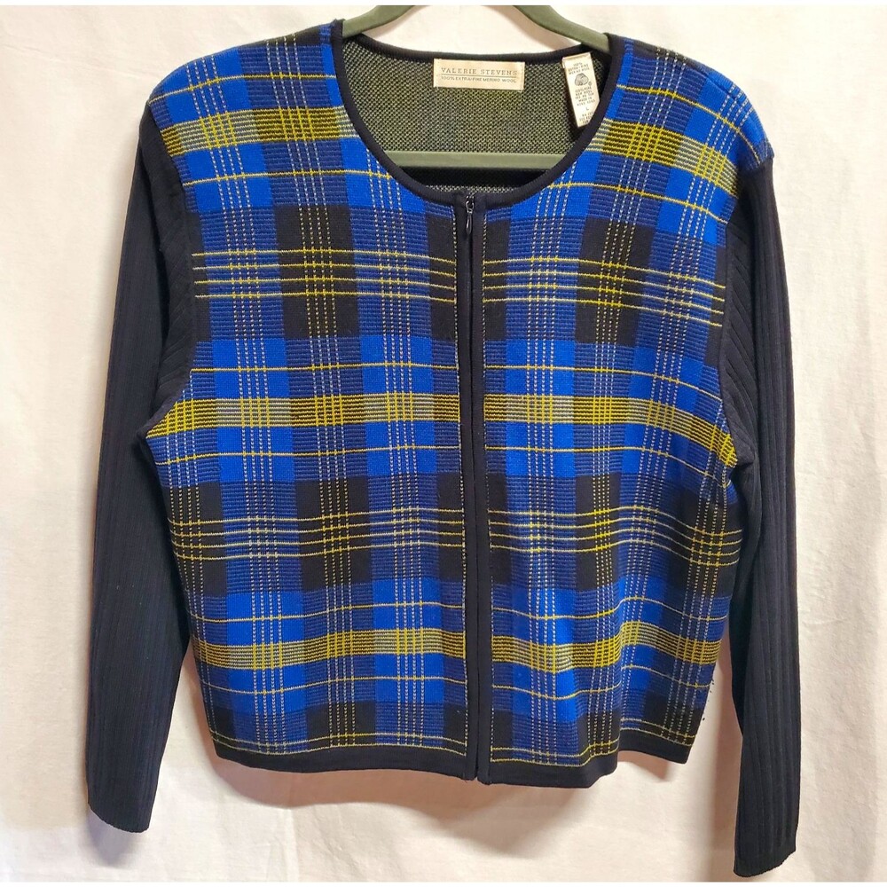 Valerie Stevens vtg blue black gold plaid merino wool zip up cardigan sweater L